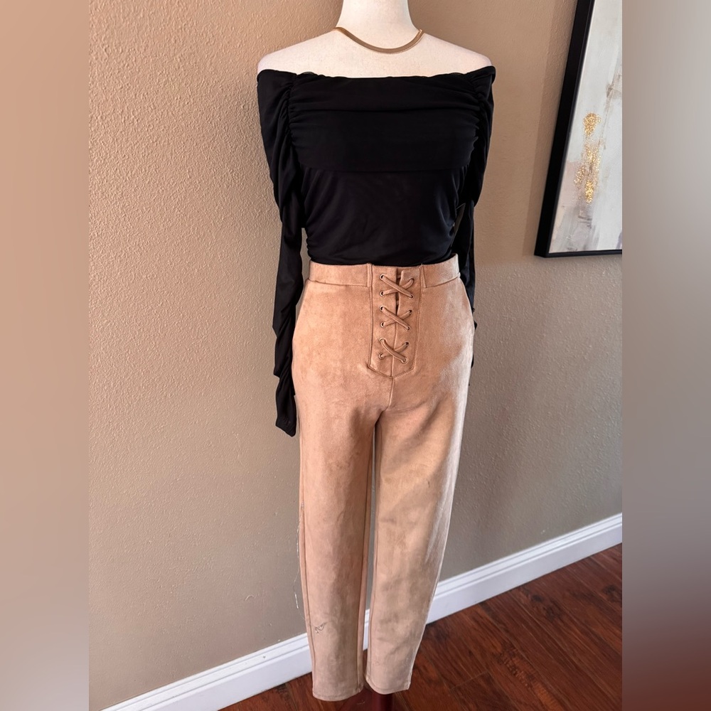 High-Waisted Tan Faux Suede Pants